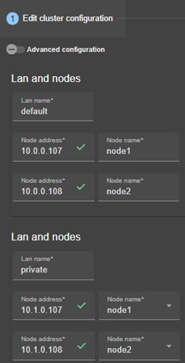 SafeKit web console image
Edit the cluster configuration using cluster configuration wizard. Add a new LAN and define IP addresses of 2 nodes on both networks