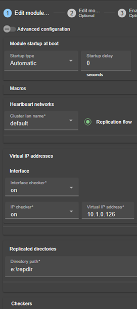 SafeKit web console image
Edit a mirror module configuration with a virtual IP address, real-time replication, and failover, using module configuration wizard 