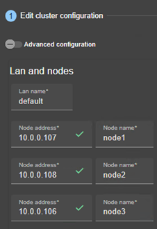 SafeKit web console image
Edit the cluster configuration using cluster configuration wizard. Define 1 LAN and IP addresses of 3 nodes on this network, for a farm module