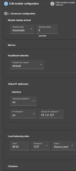 SafeKit web console image
Edit a farm module configuration with a virtual IP address, load-balancing rule, and failover, using module configuration wizard