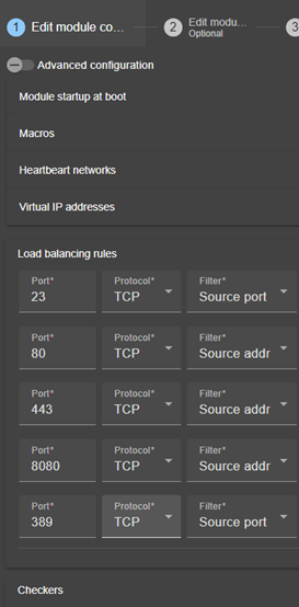 SafeKit web console image
Edit a farm module configuration with a virtual IP address, TCP load-balancing rules, and failover, using module configuration wizard