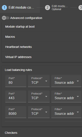 SafeKit web console image
Edit a farm module configuration with a virtual IP address, advanced load-balancing rules, and failover, using module configuration wizard