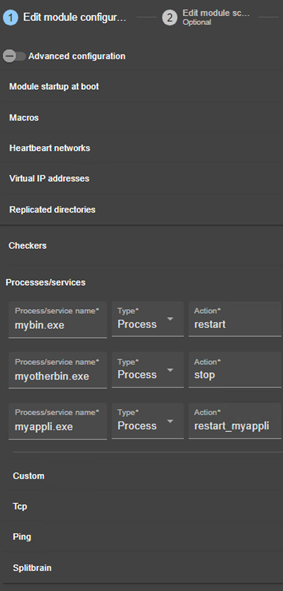 SafeKit web console image 
Edit a module configuration with process monitoring or service monitoring, using the module configuration wizard