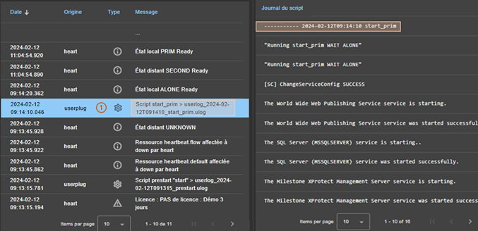 Image de la console web SafeKit
Afficher le contenu du journal du script en cliquant sur un message S (Script) dans le journal du module, à partir de l'onglet Journaux