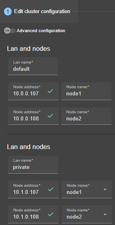 Image de la console web SafeKit
Éditer la configuration du cluster en utilisant l'assistant de configuration du cluster.  Ajouter un nouveau LAN et définir les adresses IP de 2 nœuds sur ces réseaux