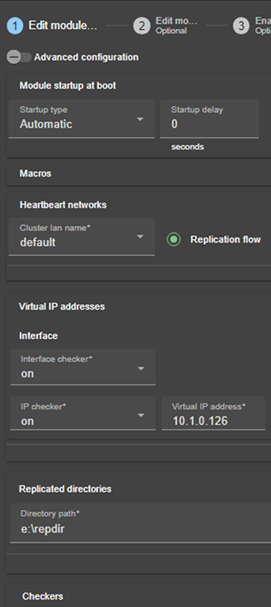 Image de la console web SafeKit
Éditer la configuration du module miroir avec une adresse IP virtuelle, la réplication de fichiers en temps réel et le basculement automatique, avec l'assistant de configuration du module