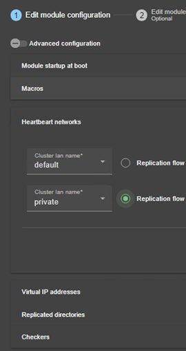 Image de la console web SafeKit
Éditer la configuration du module miroir avec une adresse IP virtuelle, la réplication de fichiers en temps réel, basculement automatique et réseau de réplication dédié via l'assistant de configuration du module