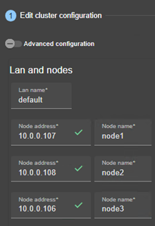 Image de la console web SafeKit
Éditer la configuration du cluster en utilisant l'assistant de configuration du cluster. Définir 1 LAN et les adresses IP de 3 nœuds sur ce réseau