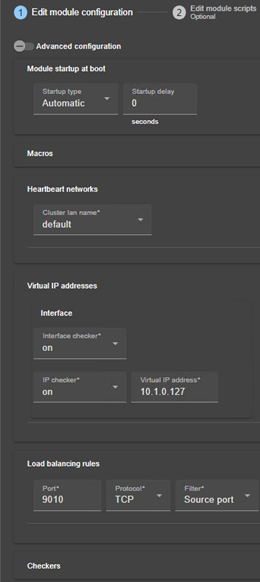 Image de la console web SafeKit
Éditer la configuration du module ferme avec une adresse IP virtuelle, l'équilibrage de charge et le basculement automatique, via l'assistant de configuration du module