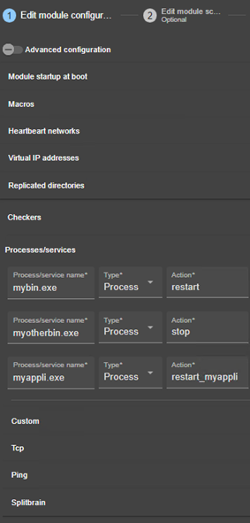 Image de la console web SafeKit
Éditer la configuration du module avec la surveillance de processus/services via l'assistant de configuration du module 